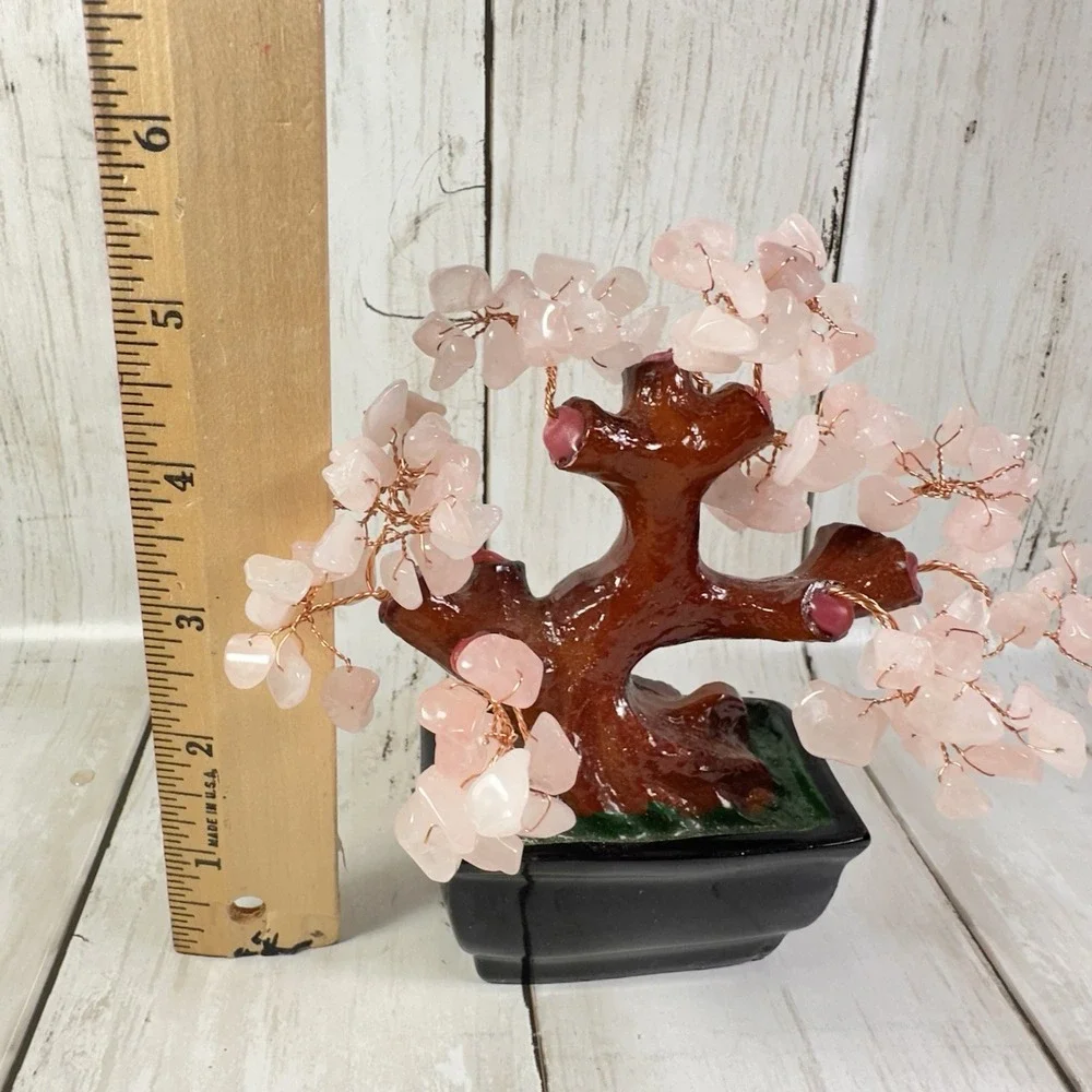 Feng Shui Natural Rose Pink Quartz Crystal Money Tree Bonsai Style Decoration Fo